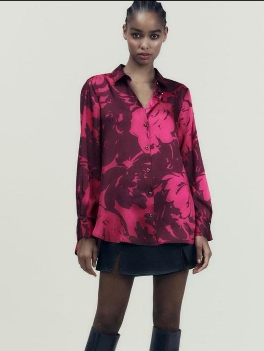 Zara Satin Floral Button Down Blouse
